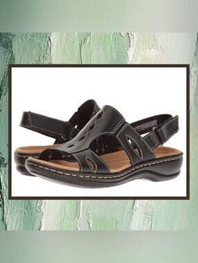 Clarks Leisa Lakelyn Black Leather Open-Toe Cushion Comfort Slingback Sandals 8½